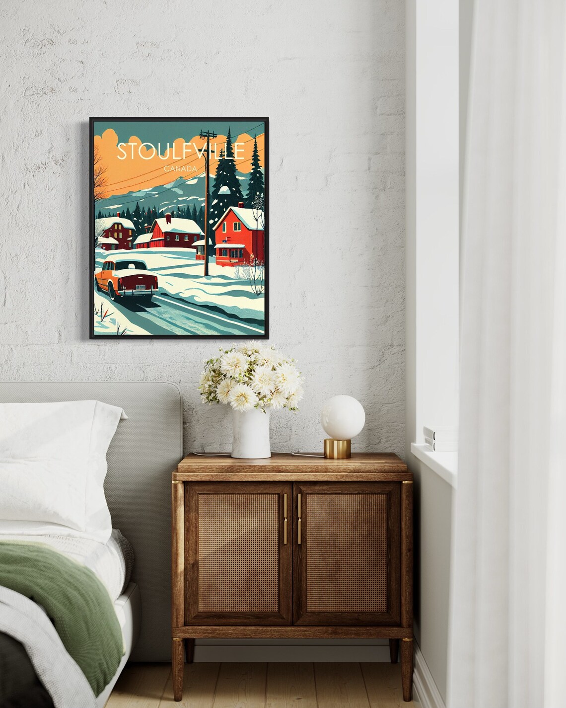 Stoulfville Canada Snowy Cabins Classic Car Winter Scene Poster - Image 3