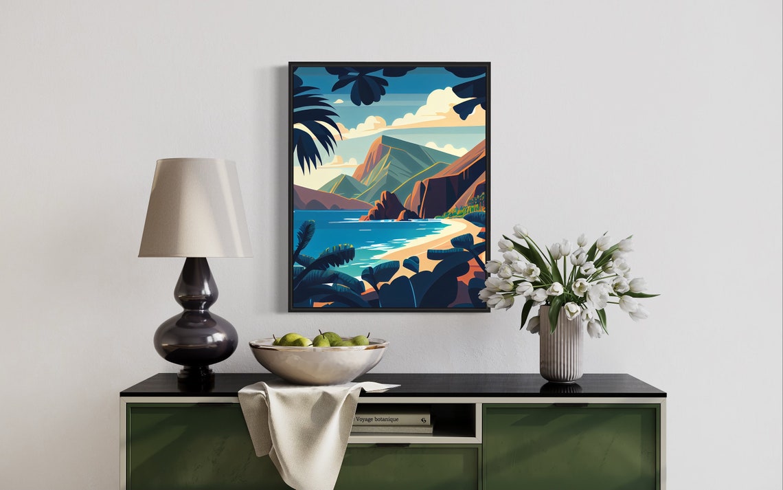 Tropical Island Beach Palms And Cliffs Vintage Style Travel Poster - Image 3