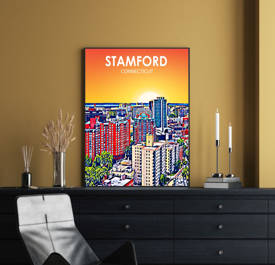 Stamford Connecticut Sunset Downtown Skyline Painted Artwork Poster - Image 2