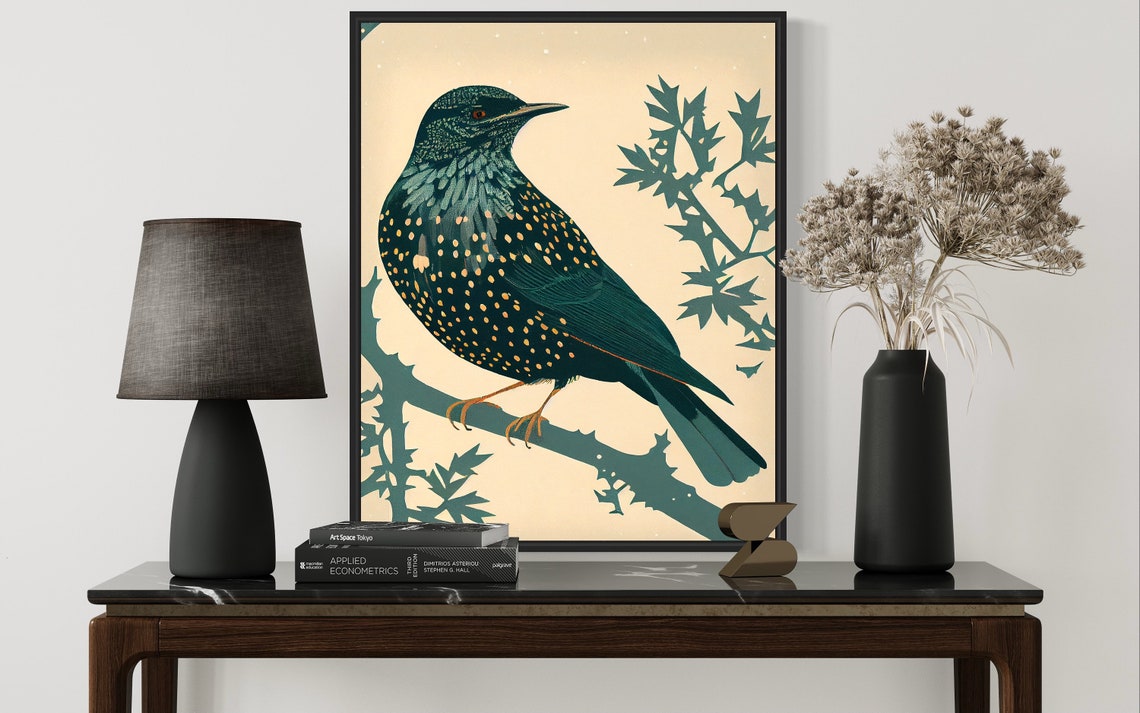 Starling Bird Retro Speckled Plumage Branch Illustration Poster - Image 3