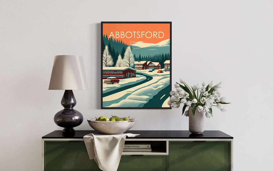 Abbotsford Canada Snowy Village Winter Sunset Retro Scenic Poster - Image 2
