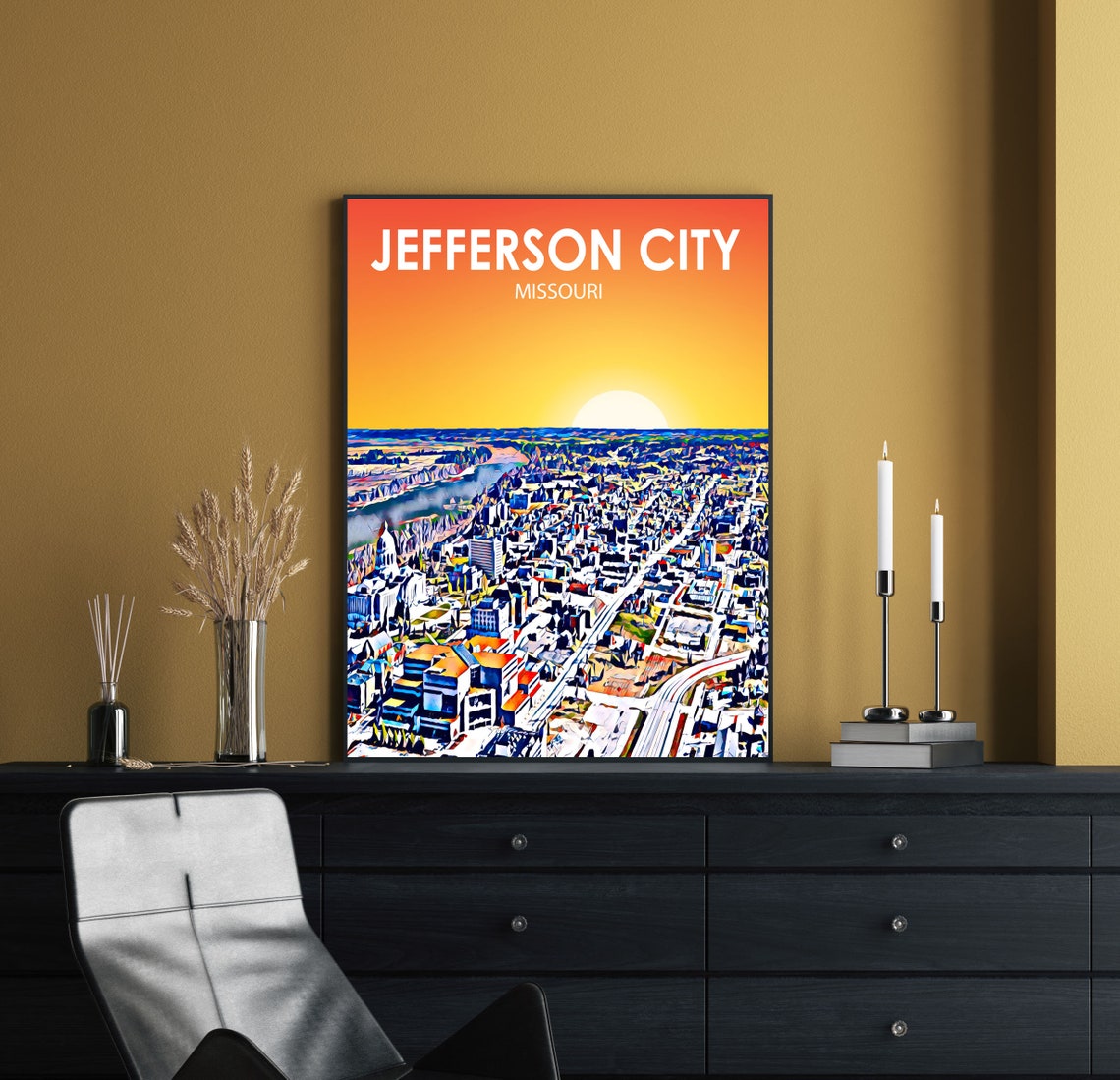 Jefferson City Art Poster Missouri Sunset Landscape Poster Print Jefferson City Framed Wall Art United States Colorful Skyline Sketch Photo - Image 2