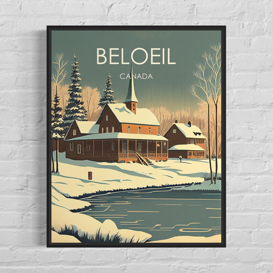 Beloeil Canada Snowy Church by the Water Vintage Winter Poster