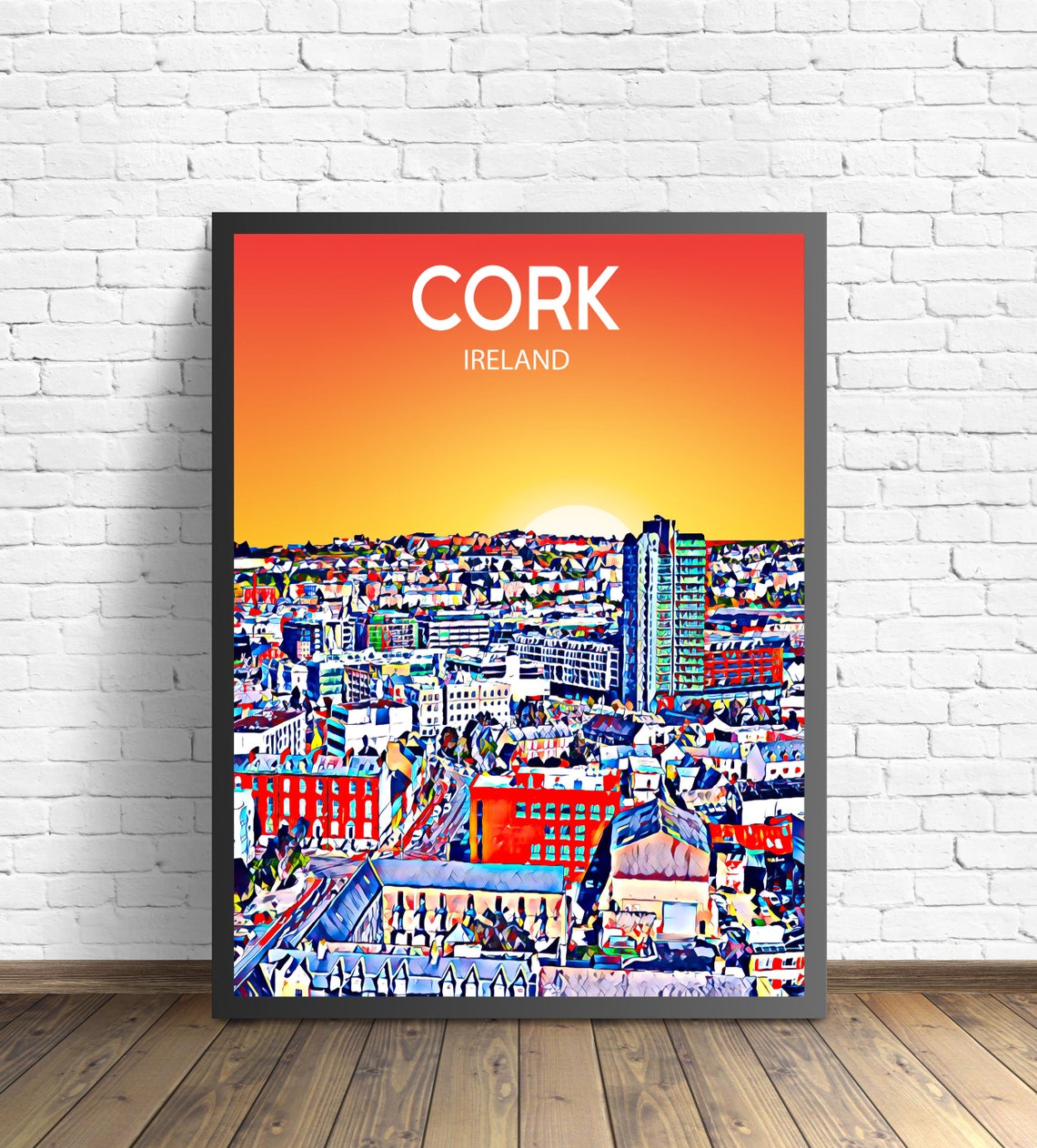 Cork Ireland Sunset Aerial Cityscape Vibrant Colorful Art Poster