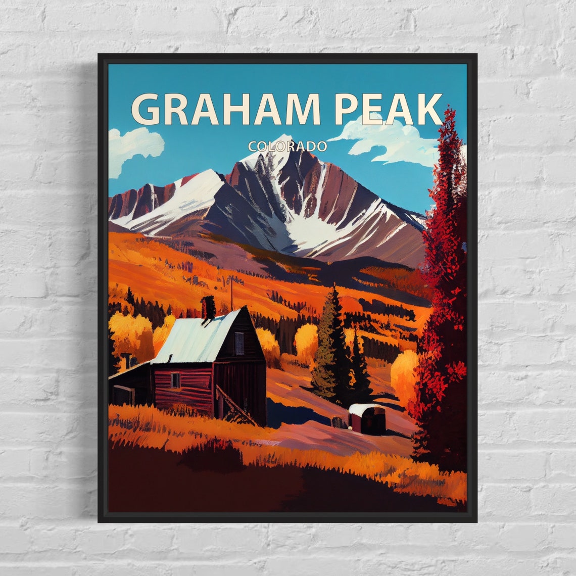 Graham Peak Colorado Snowy Summits Red Barn Fall Meadow Poster
