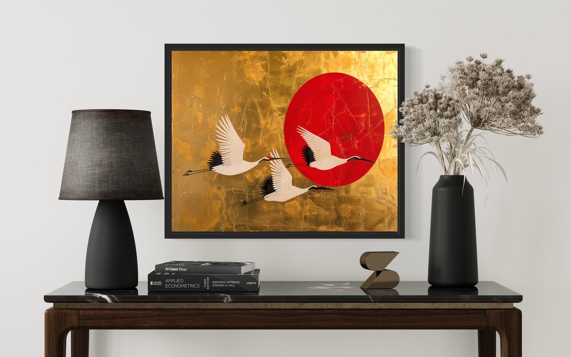 Japanese Cranes in Flight Red Sun Gold Leaf Minimalist Wall Art - Image 2