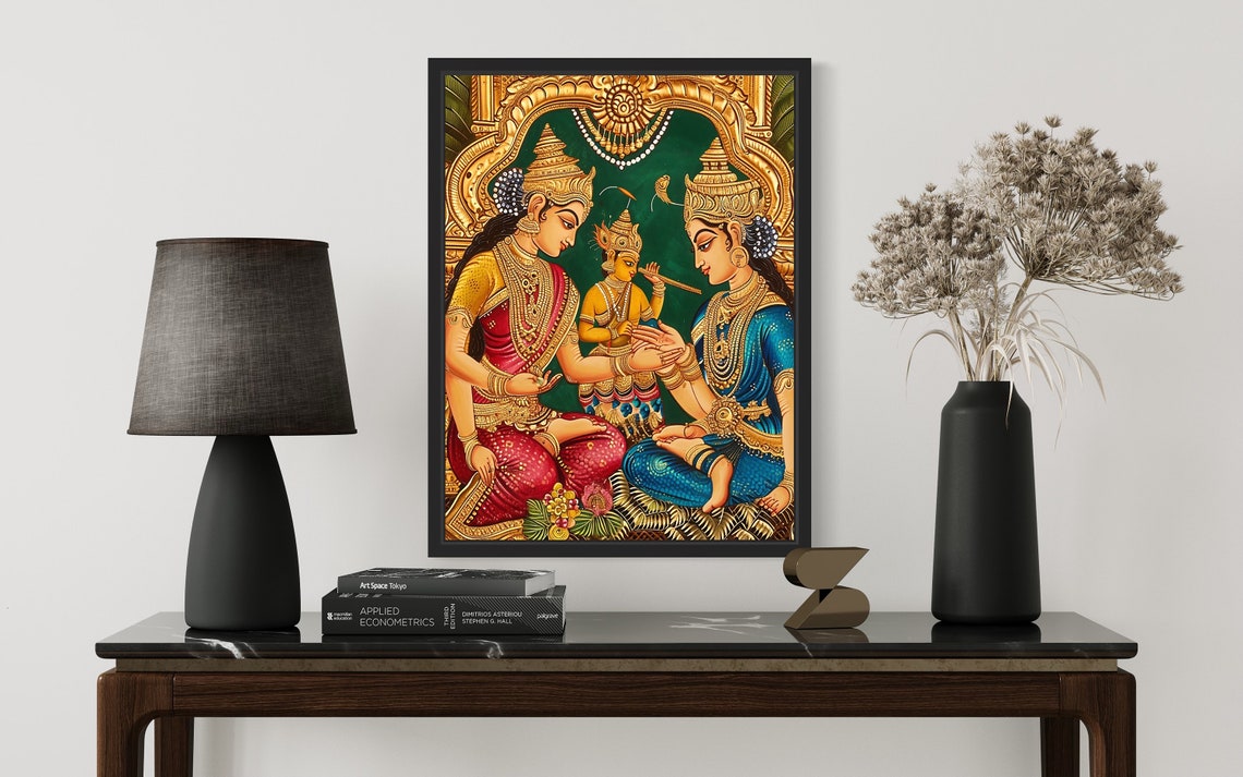 Joyful Child Krishna With Flute Among Devotees Tanjore Art Poster - Image 2