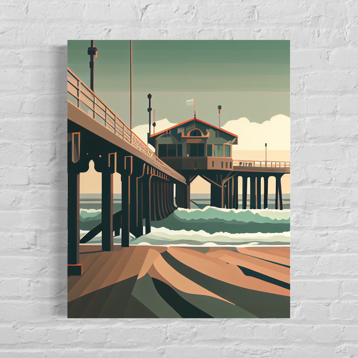 Huntington Beach Pier at Sunset Retro California Surf Art Poster