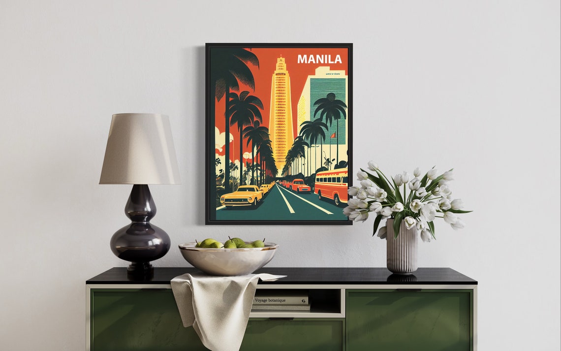 Manila Sunset Palm Boulevard Vintage Cars Retro Travel Scene Poster - Image 3
