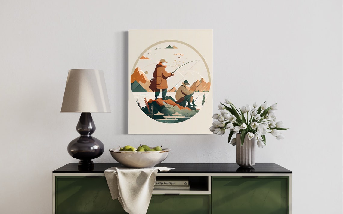 Two Fly Fishermen Mountain River Circular Art Illustration Poster - Image 3