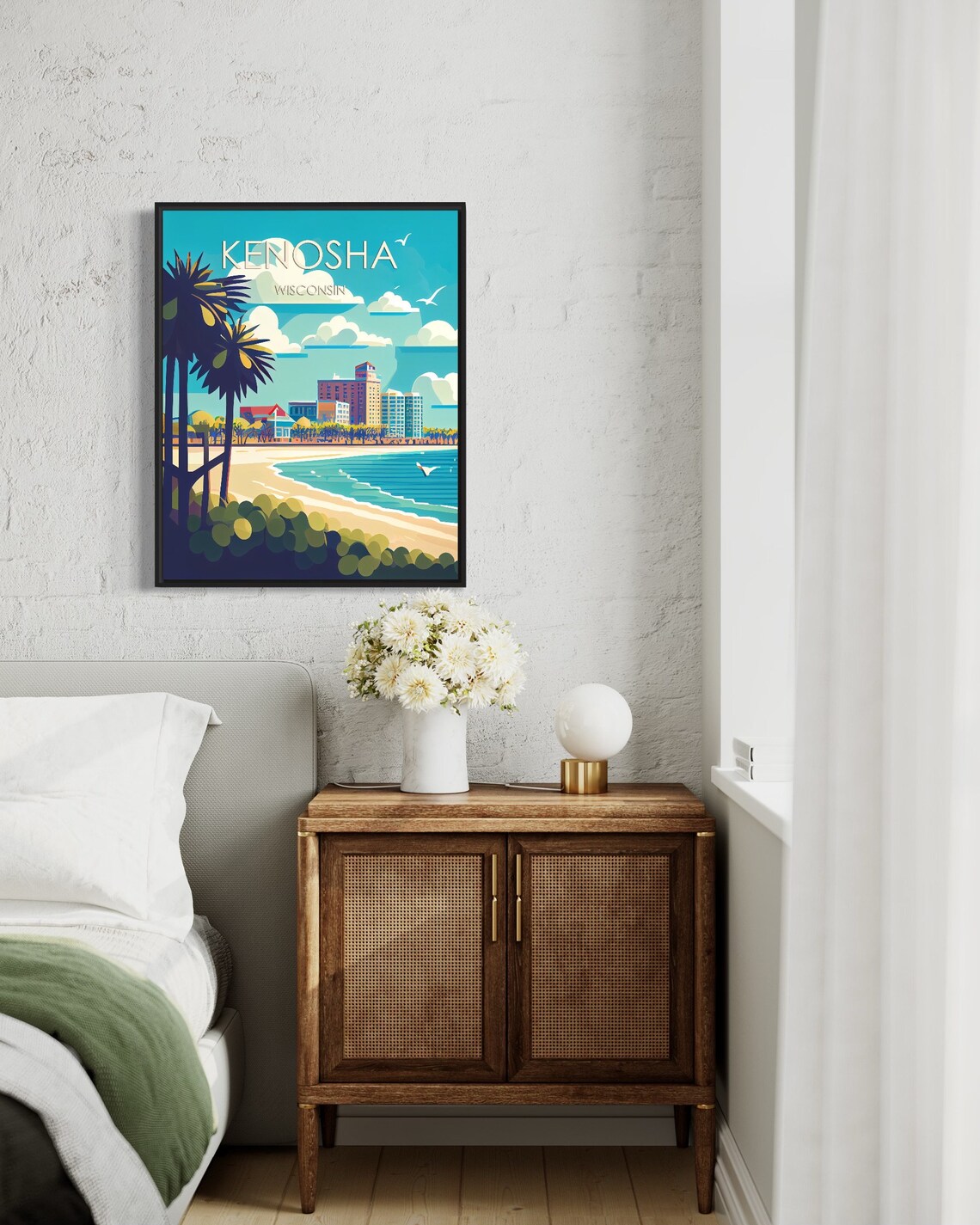 Kenosha Wisconsin Sunny Lakefront Sandy Beach Retro Travel Poster - Image 3