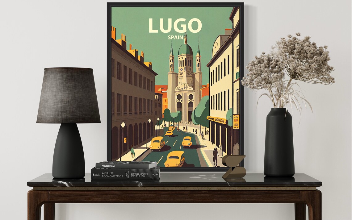 Lugo Spain Vintage Cathedral Street Classic Cars Retro Travel Poster - Image 3