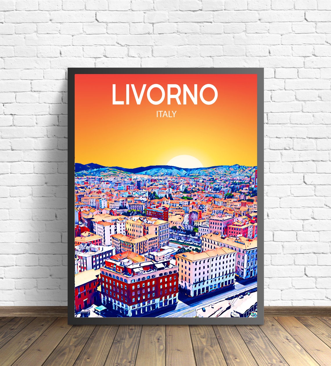 Livorno Italy Art Poster Sunset Night Poster Art Print Livorno City Modern Wall Art Colorful Skyline Sketch Photo