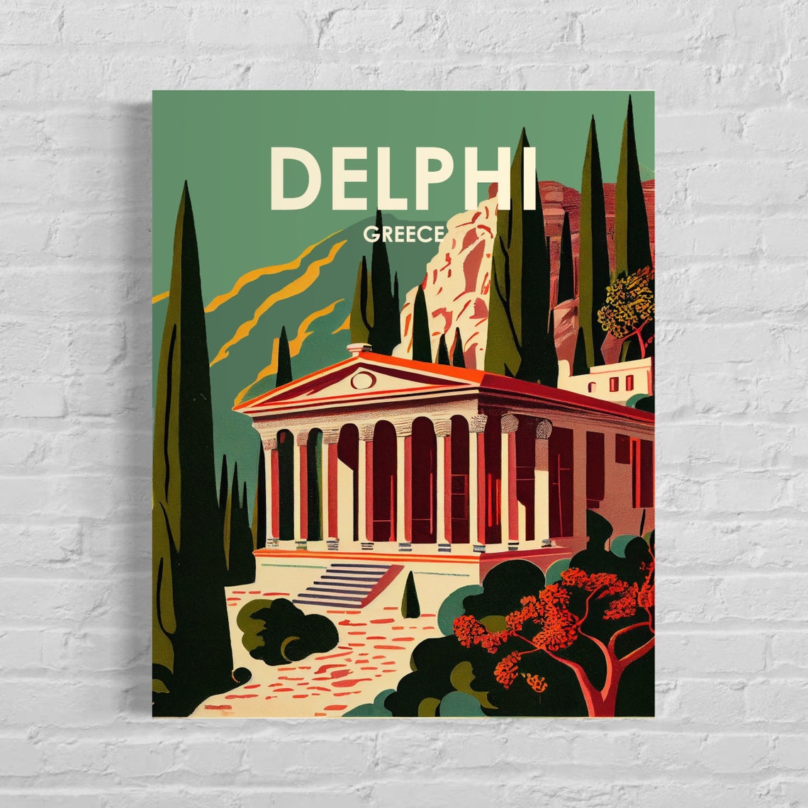 Delphi Greece Ancient Doric Temple Cypress Retro Travel Art Poster
