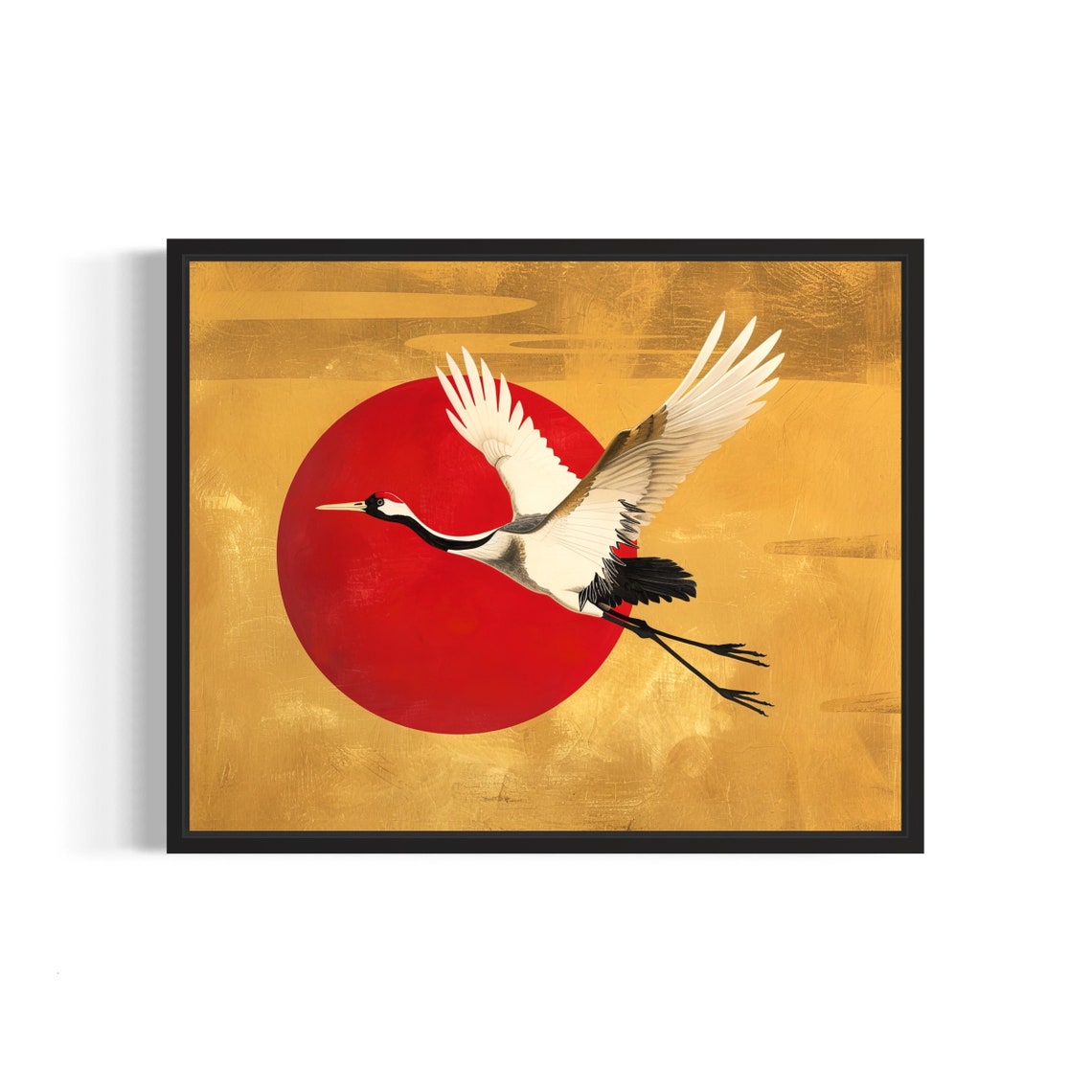 Red Crowned Crane in Flight Against Red Sun Asian Gold Poster