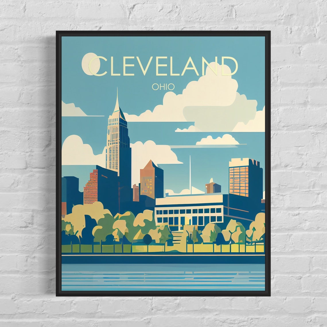 Cleveland Ohio Retro Skyline Poster with Lake Erie Waterfront
