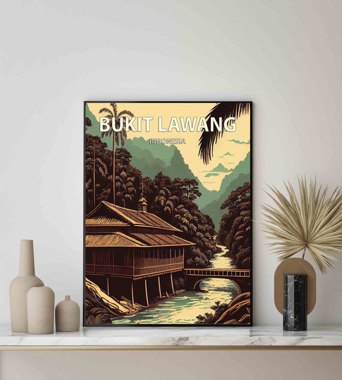Bukit Lawang Indonesia Poster with Jungle River and Stilt House - Image 2