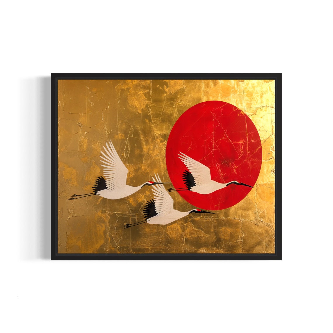 Japanese Cranes in Flight Red Sun Gold Leaf Minimalist Wall Art