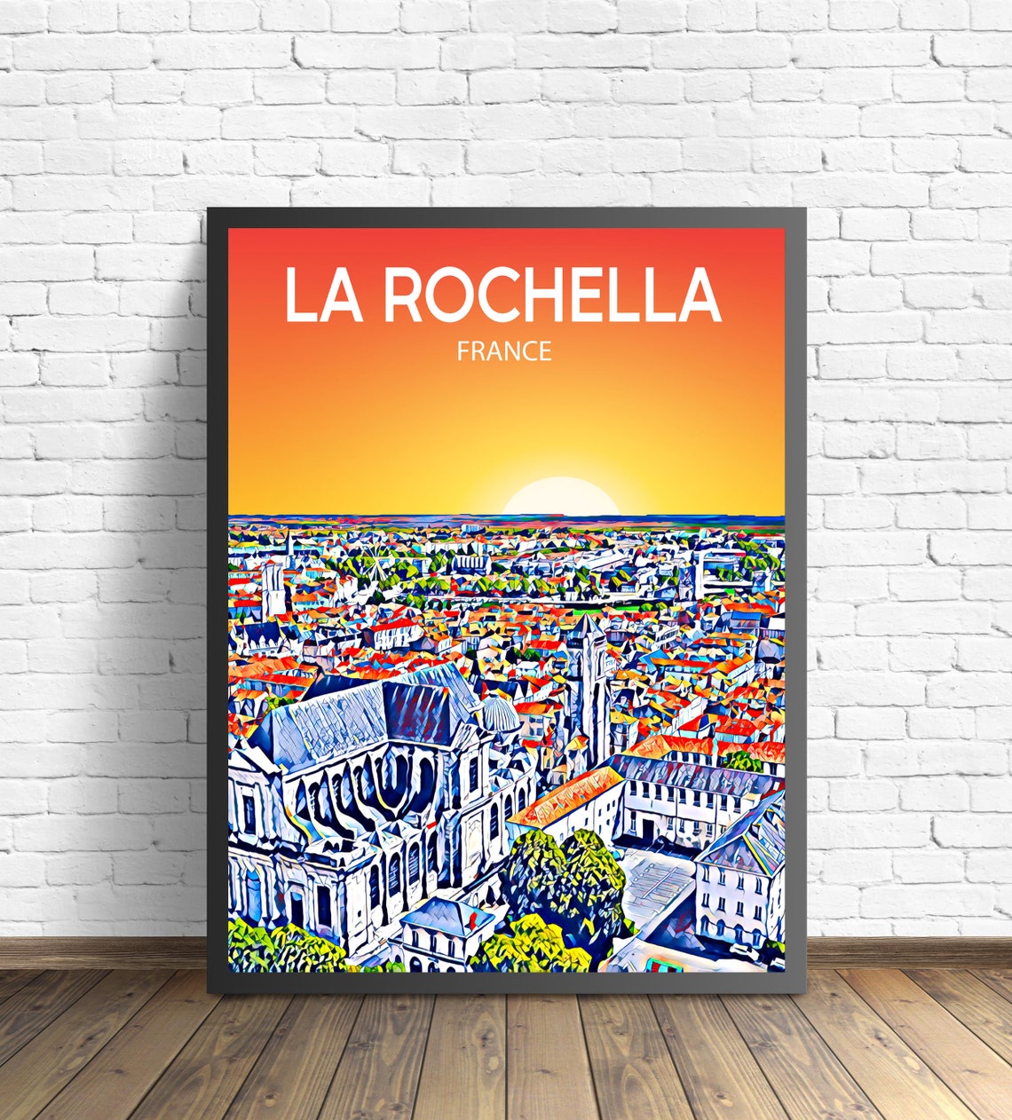 La Rochella France Art Poster Sunset Night Poster Art Print La Rochella City Modern Wall Art Colorful Skyline Sketch Photo