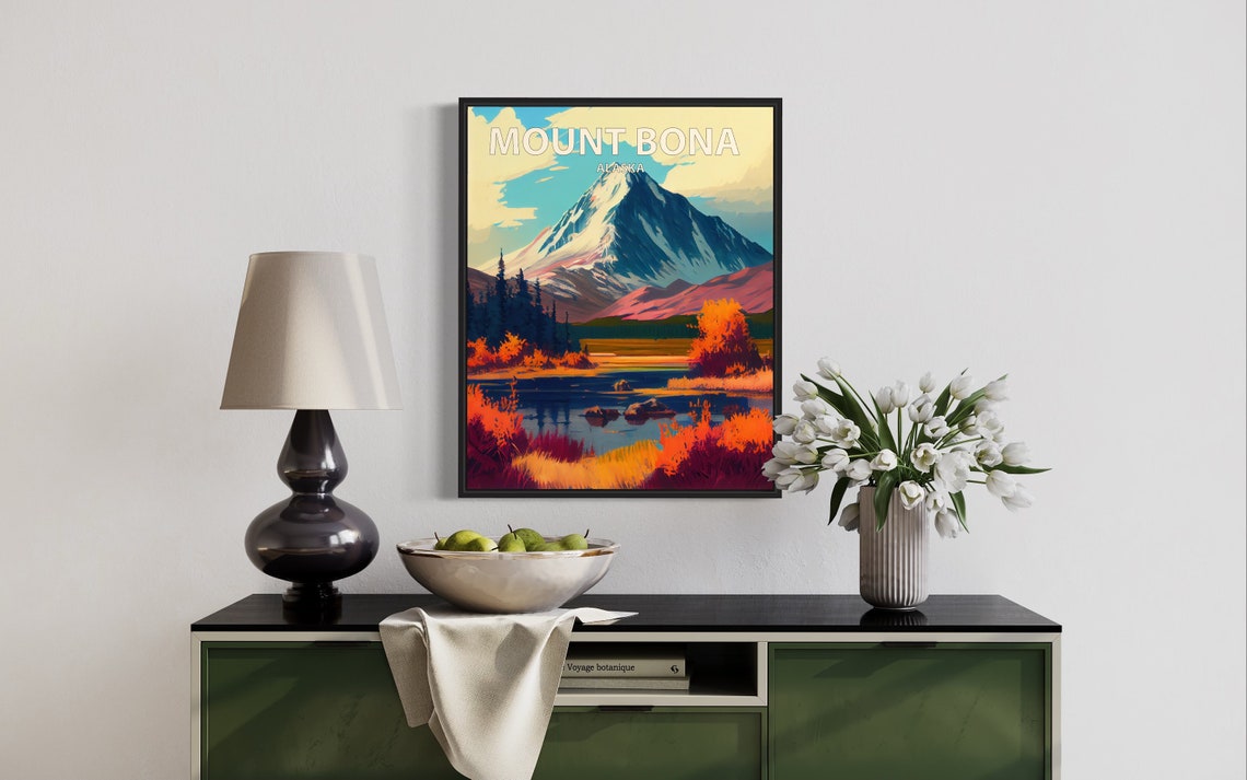 Mount Bona Alaska Snowy Summit River Valley Fall Retro Travel Poster - Image 3