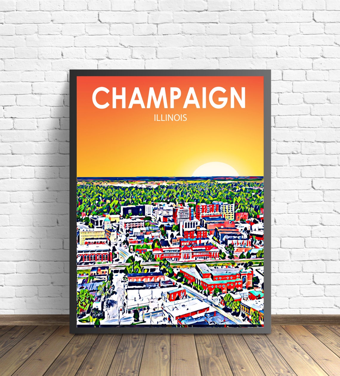 Champaign Illinois Sunset Skyline Downtown Colorful City Poster