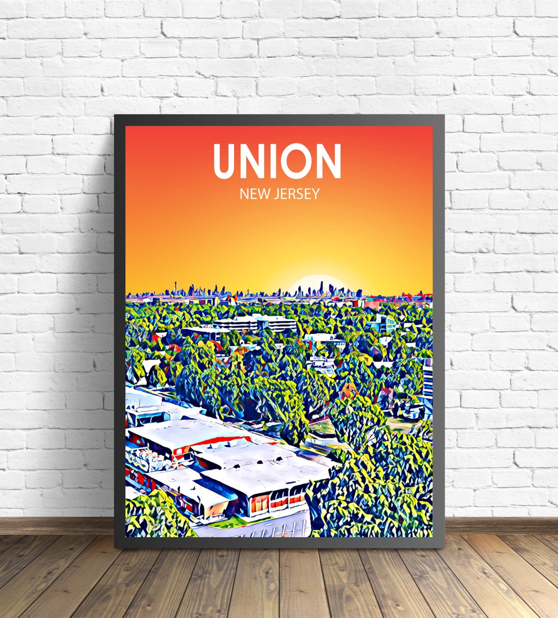 Union New Jersey Sunset Leafy Green Town Skyline Painted Art Poster