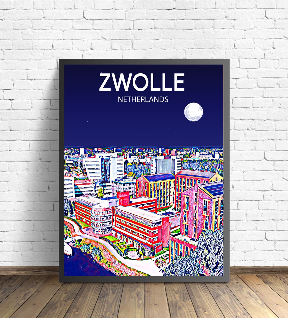 Zwolle Netherlands Night Skyline Moonlight City Travel Poster