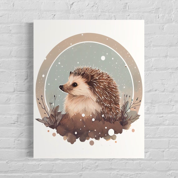 Cute Hedgehog in Snow Watercolor Woodland Animal Scene Poster