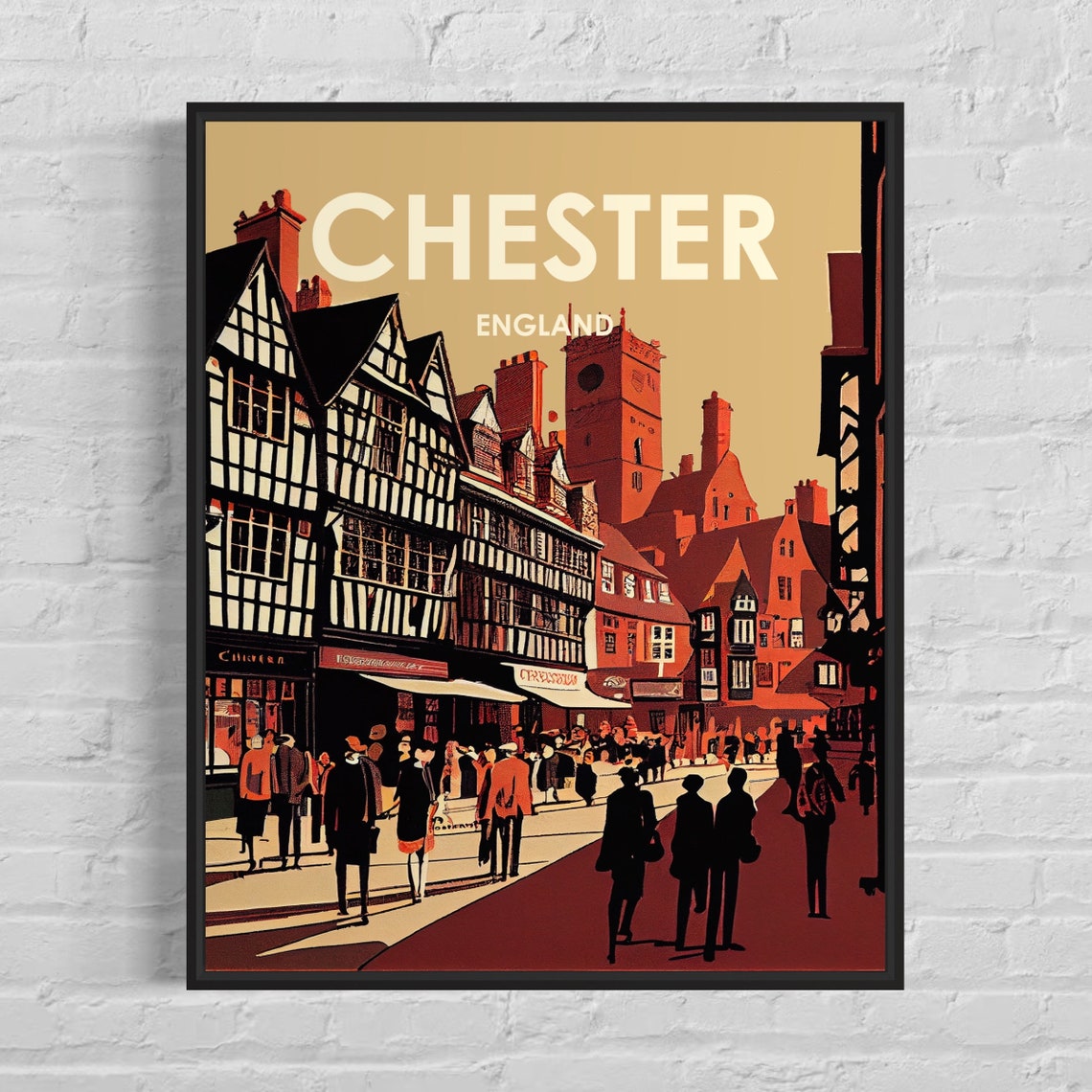 Chester England Old Town Street Crowd Sepia Retro Art Poster