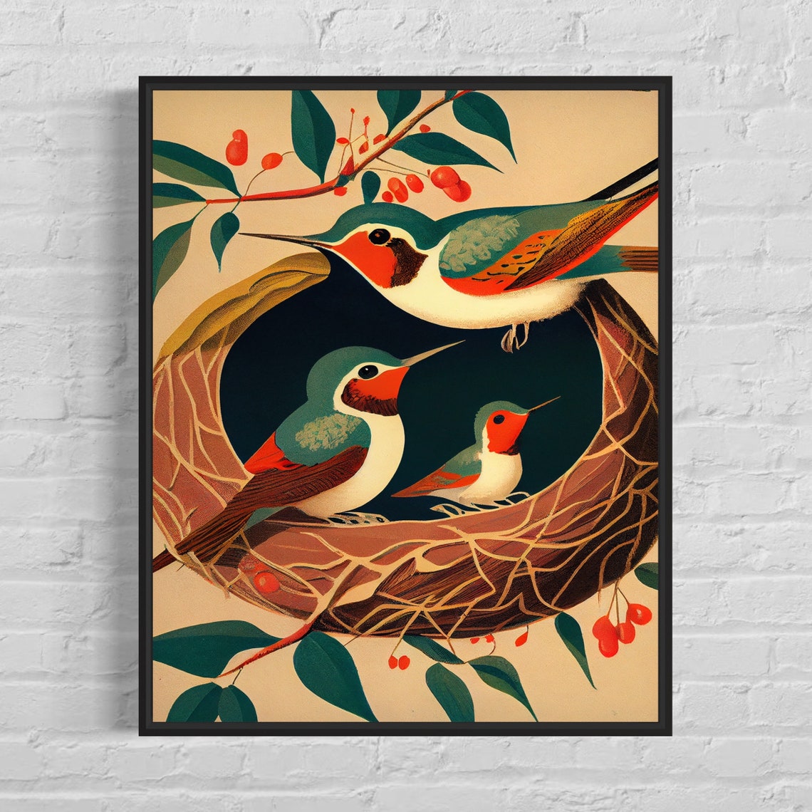 Hummingbird Family Nest Woven Branch Vintage Botanical Poster