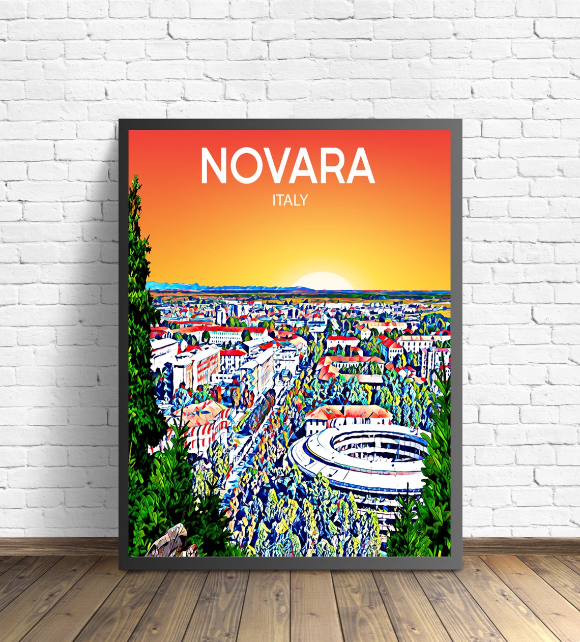 Novara Italy Green Park Hillside City Sunset Panorama Travel Poster