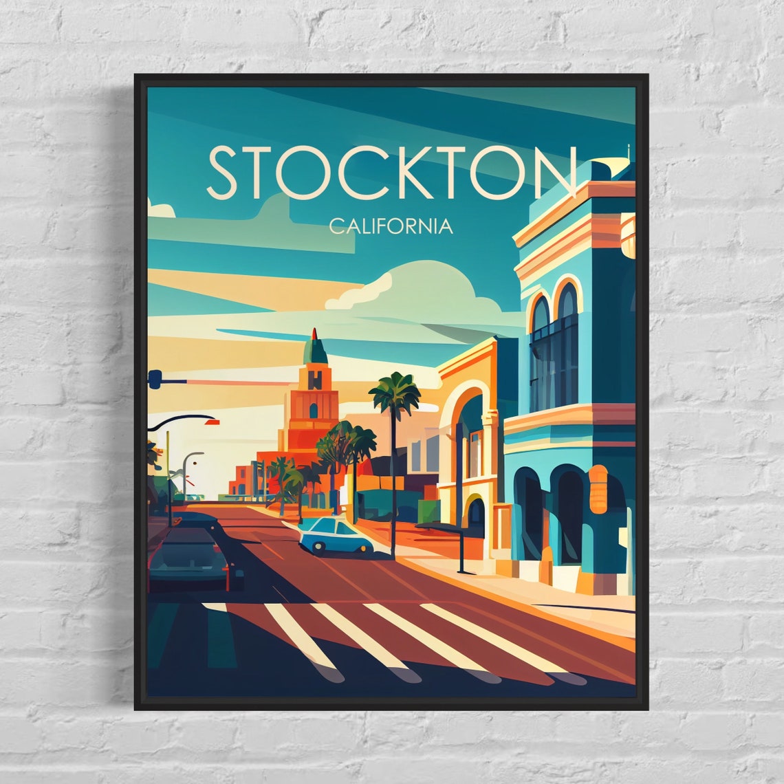 Stockton California Downtown Street Scene Retro Travel Poster