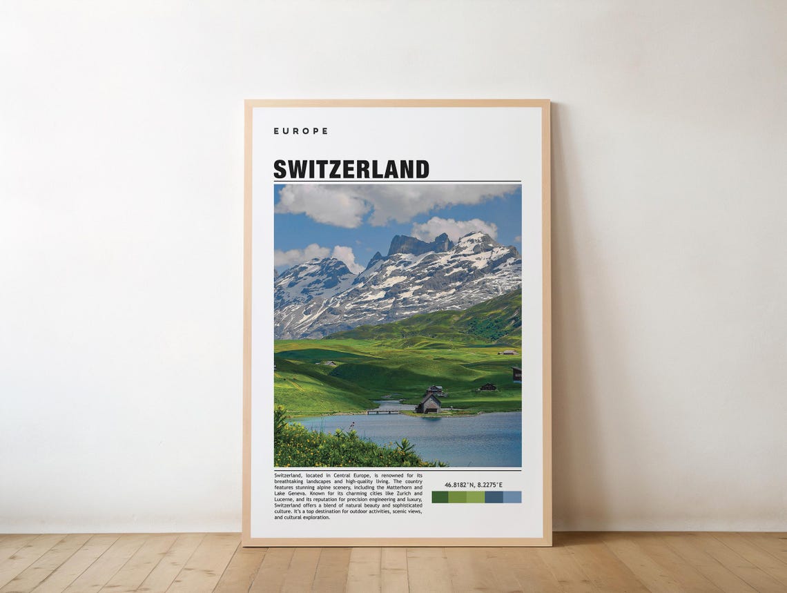 Switzerland Alpine Lake With Snowy Peaks Mountain Travel Poster