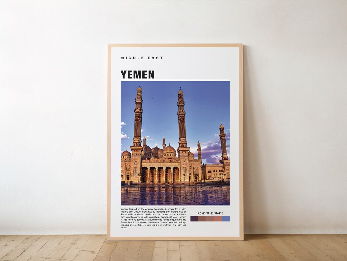 Yemen Middle East Golden Sanaa Grand Mosque Sunset Travel Poster