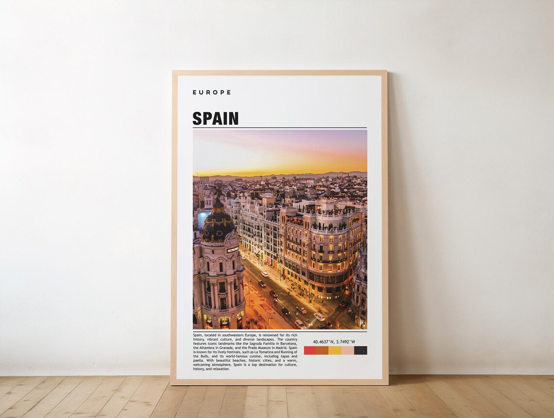 Golden Sunset Aerial Over Madrid Gran Via Spain City Travel Poster