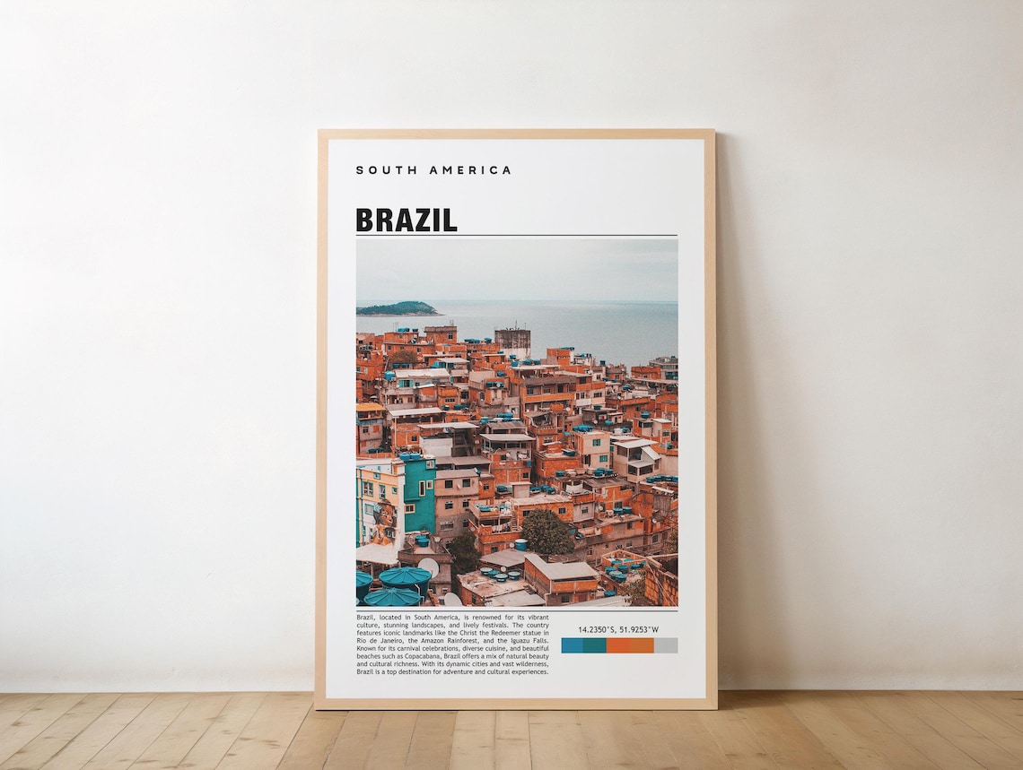 Brazil Hillside Favela Ocean View South America Travel Poster