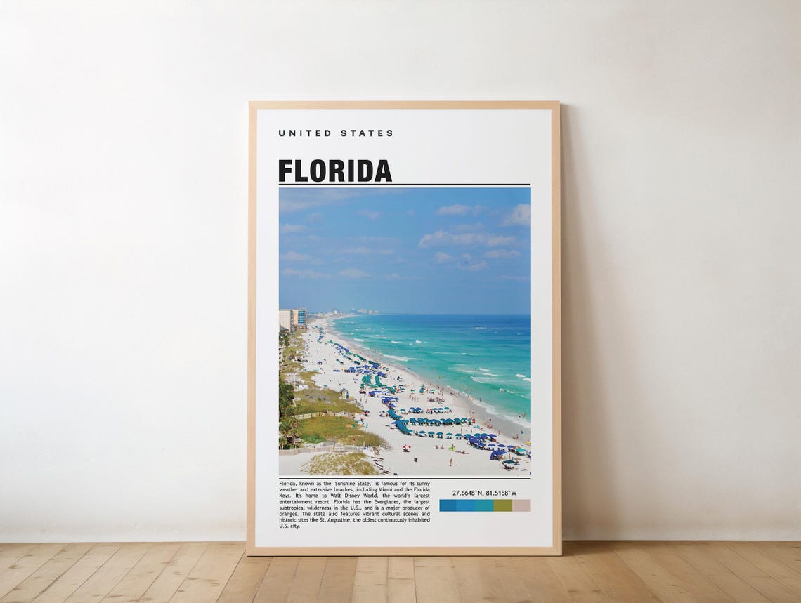 Florida Sunshine State Crowded Beach Aerial Photo Travel Poster
