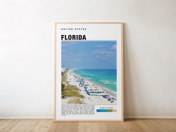 Florida Sunshine State Crowded Beach Aerial Photo Travel Poster