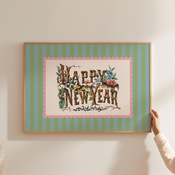 Happy New Year Floral Twig Lettering Botanical Vintage Celebration Print