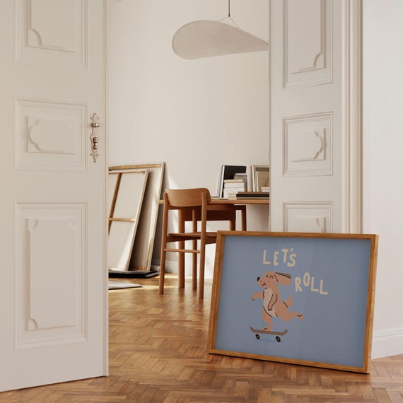 Funny Dog Art Skateboarding Print For Kids Room Cute Poster Blue