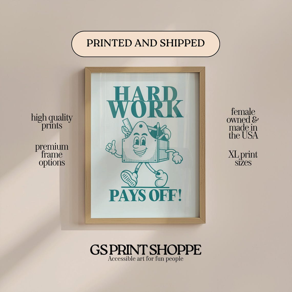 Hard Work Pays Off Vintage Cartoon Worker Motivation Wall Art