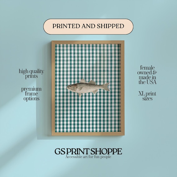 Striped Bass Fish on Green Gingham Check Coastal Kitchen Print