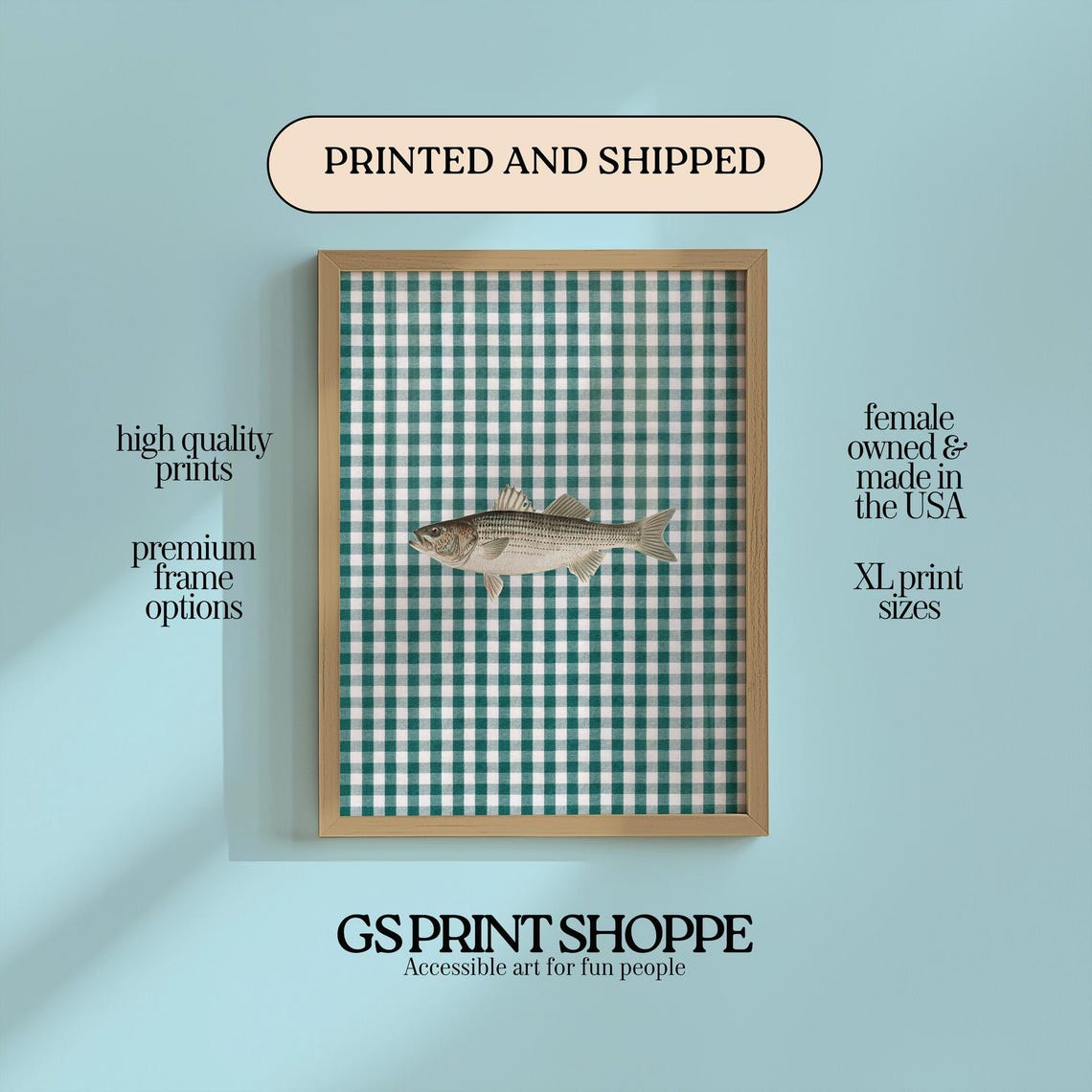 Striped Bass Fish on Green Gingham Check Coastal Kitchen Print