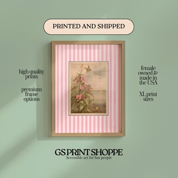 Pink Marsh Flowers Songbird Vintage Botanical Nature Art Poster