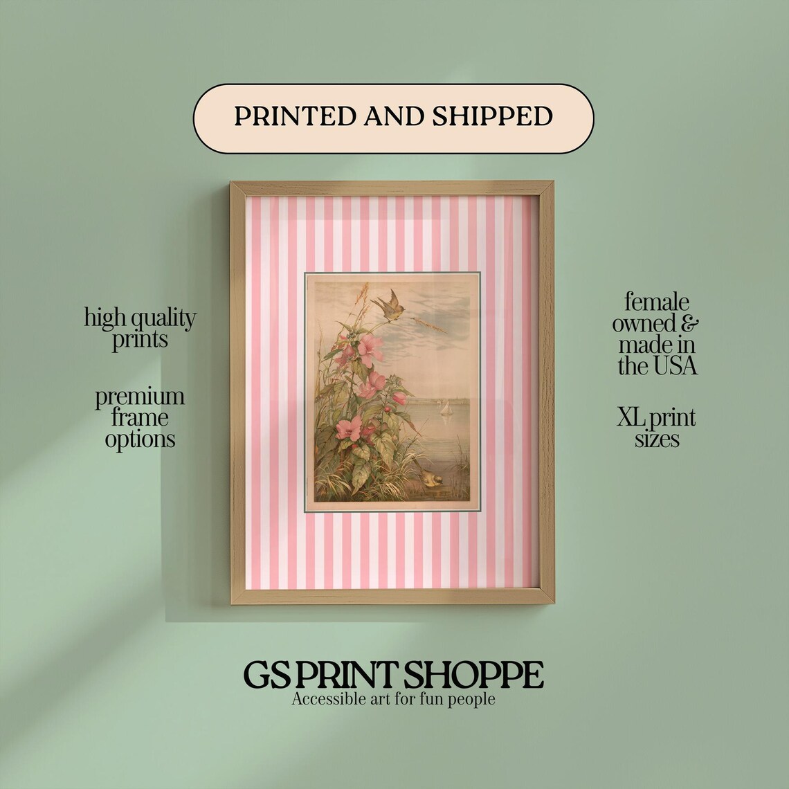 Pink Marsh Flowers Songbird Vintage Botanical Nature Art Poster