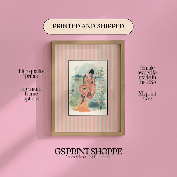 Girl on a Swing Pink Dress Vintage Garden Illustration Wall Art