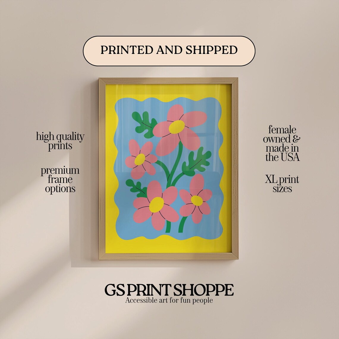 Pink Daisies Floral Art Print Blue Yellow Background Wall Decor