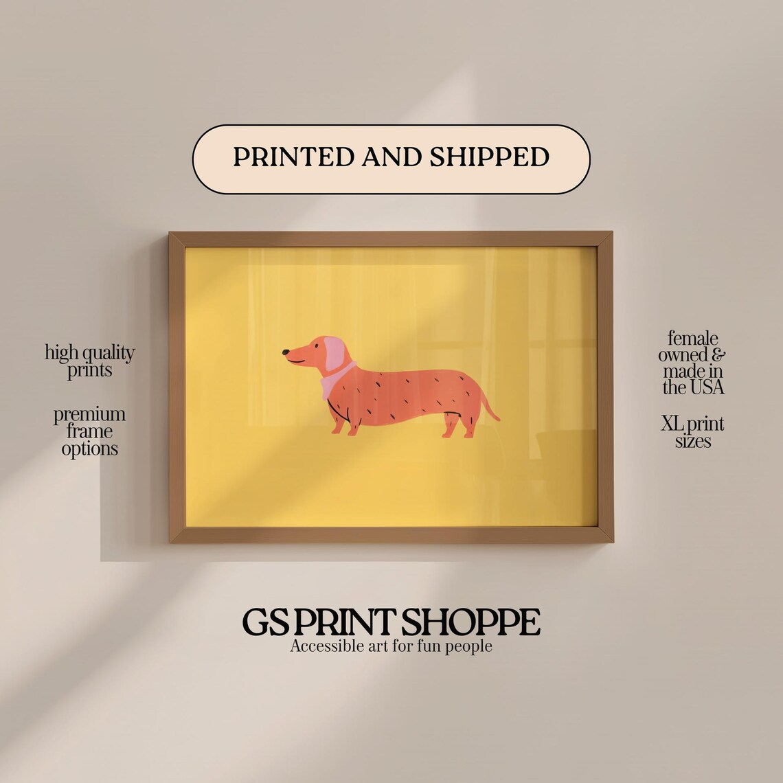 Cute Pink Dachshund Dog Illustration Yellow Background Art Print