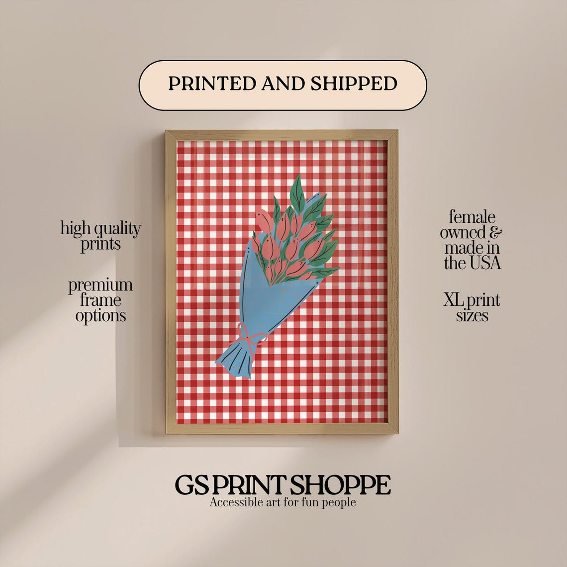 Red Gingham Tulip Bouquet Illustration Retro Floral Kitchen Poster