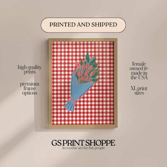 Red Gingham Tulip Bouquet Illustration Retro Floral Kitchen Poster